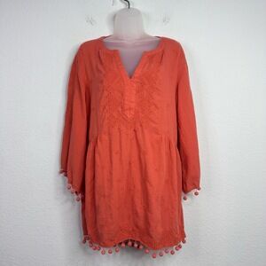 Sundance Cover-Up Shirt Womens S Orange Nikkia‎ Pom Pom Embroidered Boho Coastal
